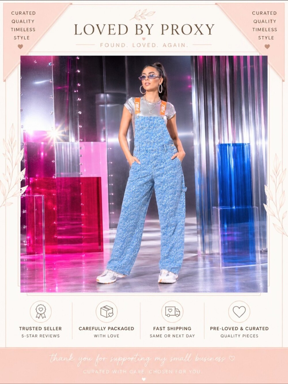 FUBU Logo Print Denim Overalls Blue Orange 2022 F21 Collab - Picture 14 of 14